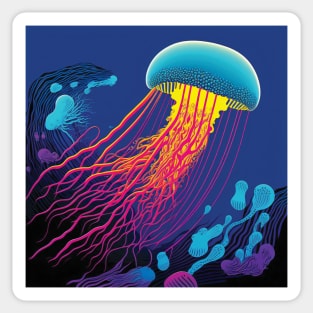 Blue, Pink and Yellow Jellyfish Swimming Underwater in the Ocean Sticker